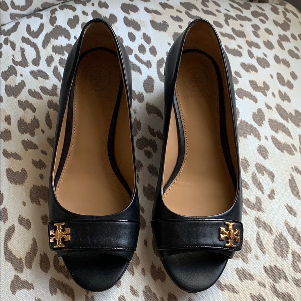 Tory Burch low wedge peep toe heels